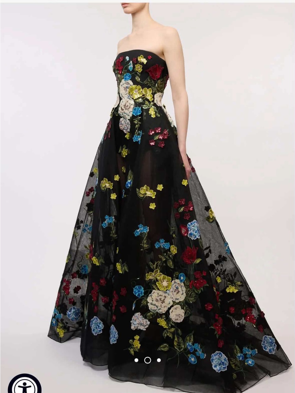 Elie Saab Black Strapless Maxi Gown with Multicolor Floral Embroidery